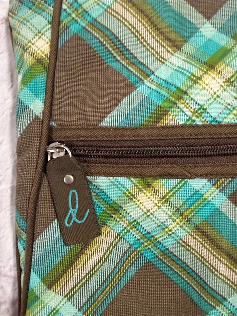 Thirty-one Brown Plaid Crossbody with Teal and Brown Accents